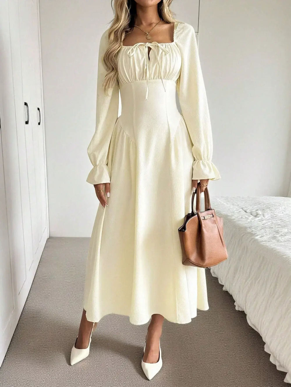 ZARA Soft Square Neck Tie Front Long Sleeve Ruched Waist Flared Dress